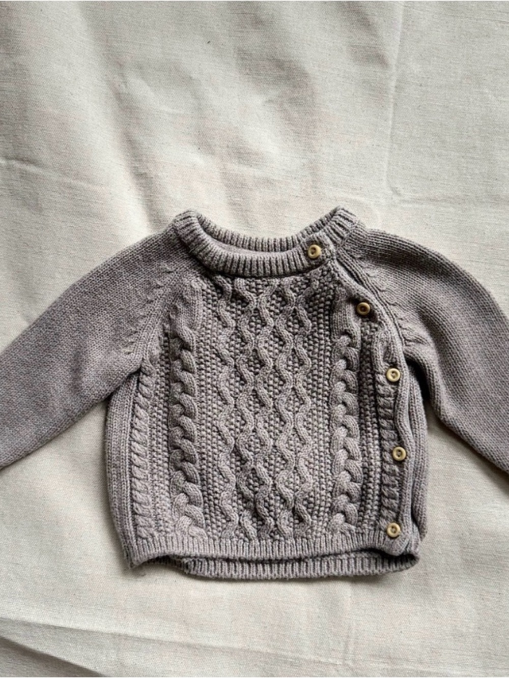 Organic Cotton Taupe Cable Knit Button-Shoulder Sweater